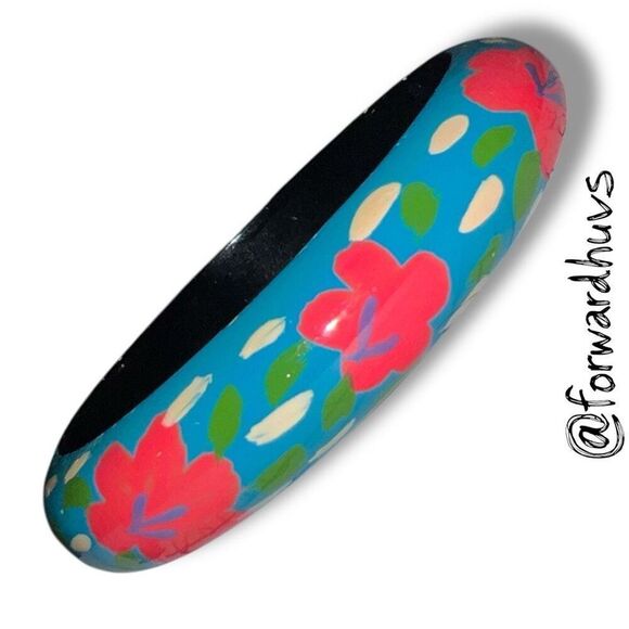 Hand-Painted Wooden Bangle Bracelet - Turquoise with Red Floral Design - Picture 3 of 8